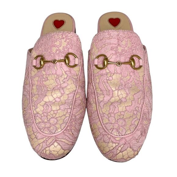 Gucci Princetown Horsebit Slipper EU 36.5 US 6.5 Pink Lace Mule Loafer Flats - Picture 2 of 10